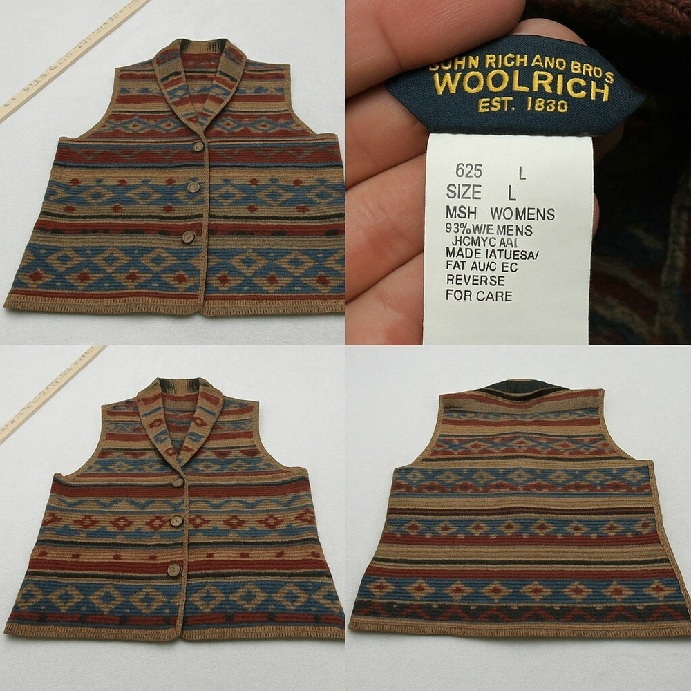 Woolrich Vest Women Large Brown Aztec Tribal Button Knit Wool Blend USA VTGMade